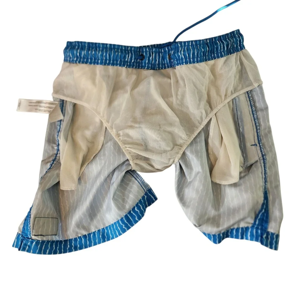 Vtg Beach Bros Mens sz M Swim Trunks Shorts Blue White Stripe Surfer Beach Retro